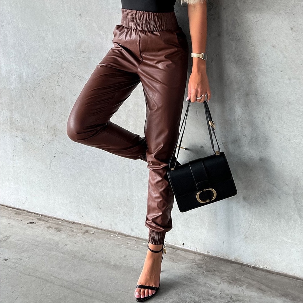 Brown Smocked High-Waisted Pants